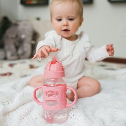 Dr. Brown's Milestones Wide-Neck Sippy Straw Bottle, Spill-Proof with 100% Silicone Handles and Weighted Straw, 9 oz/270 mL, Gray & Pink, 6m+, 2-Pack