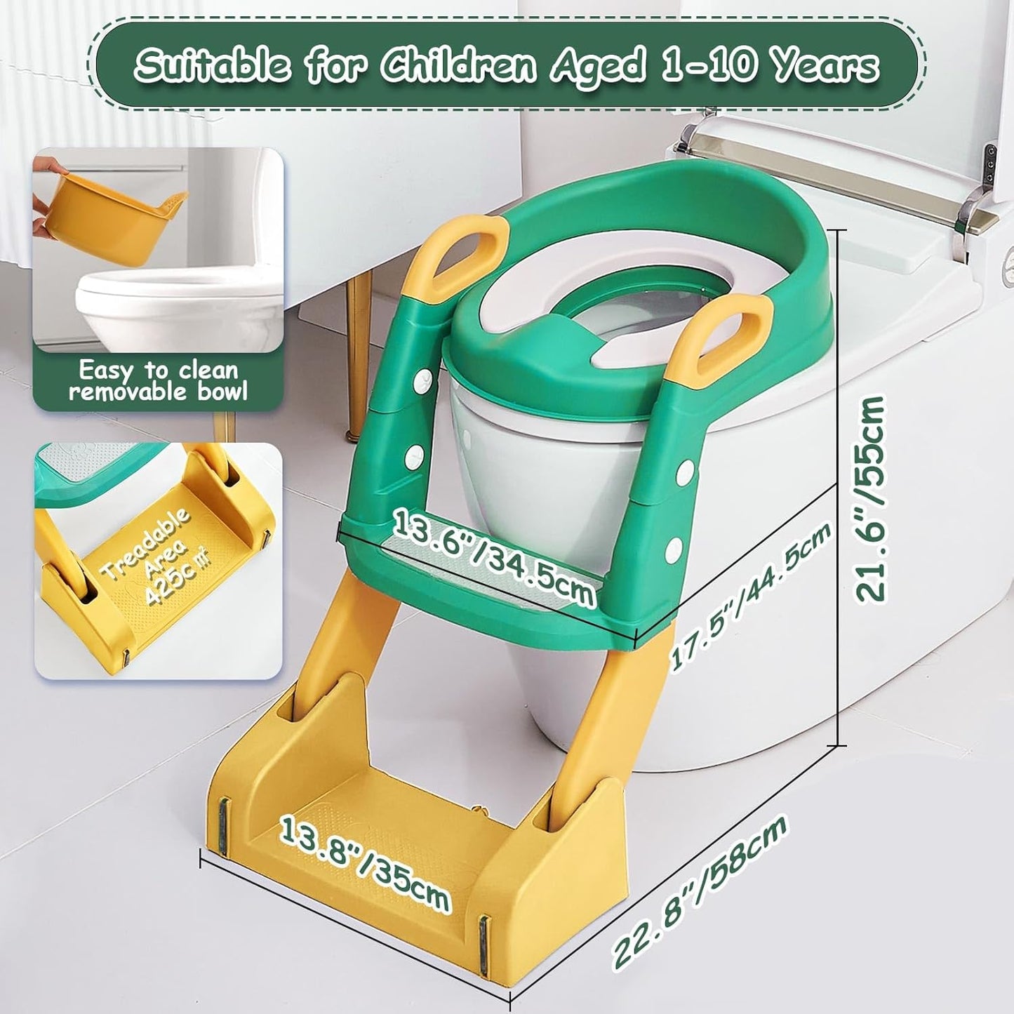 3 in 1 Toddler Potty Training Seat Chair with Ladder and Basin for Boys and Girls, Adjustable Kids Potty Training Seat for Toilet with Anti-Slip Wide Steps and Safety Handles (Green)