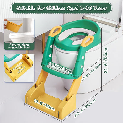 3 in 1 Toddler Potty Training Seat Chair with Ladder and Basin for Boys and Girls, Adjustable Kids Potty Training Seat for Toilet with Anti-Slip Wide Steps and Safety Handles (Green)