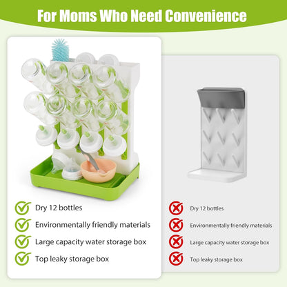Baby Bottle Drying Rack, Space Saving Baby Bottle Organizer for Countertop, Vertical Bottle Dryer Holder with Brushes Holder, Large Bottle Storage Holder 12 Bottles & Baby Accessories Green