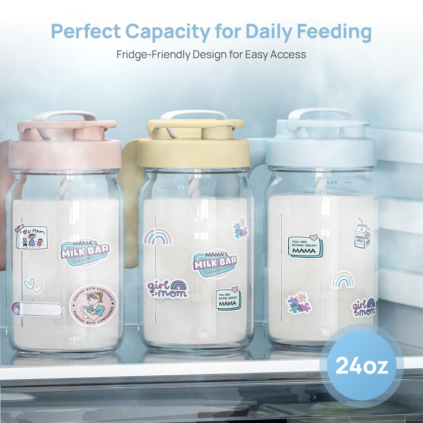 Papablic Breast Milk Pitcher, Glass Formula Mixer with Easy-Blend Handle Lid, Leakproof Breastmilk Fridge Storage Container, Wide Mouth, BPA-Free, Baby Feeding Pitcher, Blue