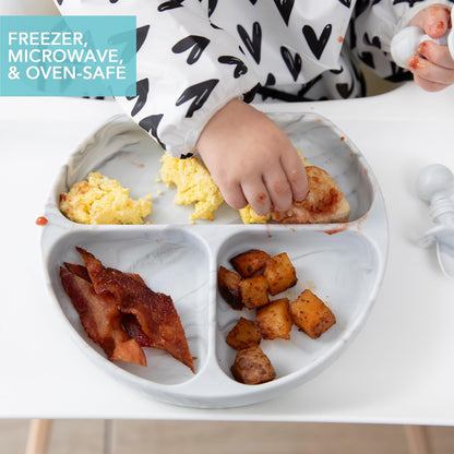 Bumkins Toddler and Baby Suction Plate, Divided Grip Dish for Babies and Kids, Baby Led Weaning, Feeding Supplies, Sticks to Tables and Highchairs, Platinum Silicone, for Chidren 6 Months, Gray