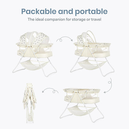 Dream On Me Karley Bassinet, Award Winner Lightweight Travel Baby Bassinet, Foldable Bedside Sleeper, Adjustable Double Canopy, Spacious Design, Soft Fabric, Storage Basket – Blue and Grey