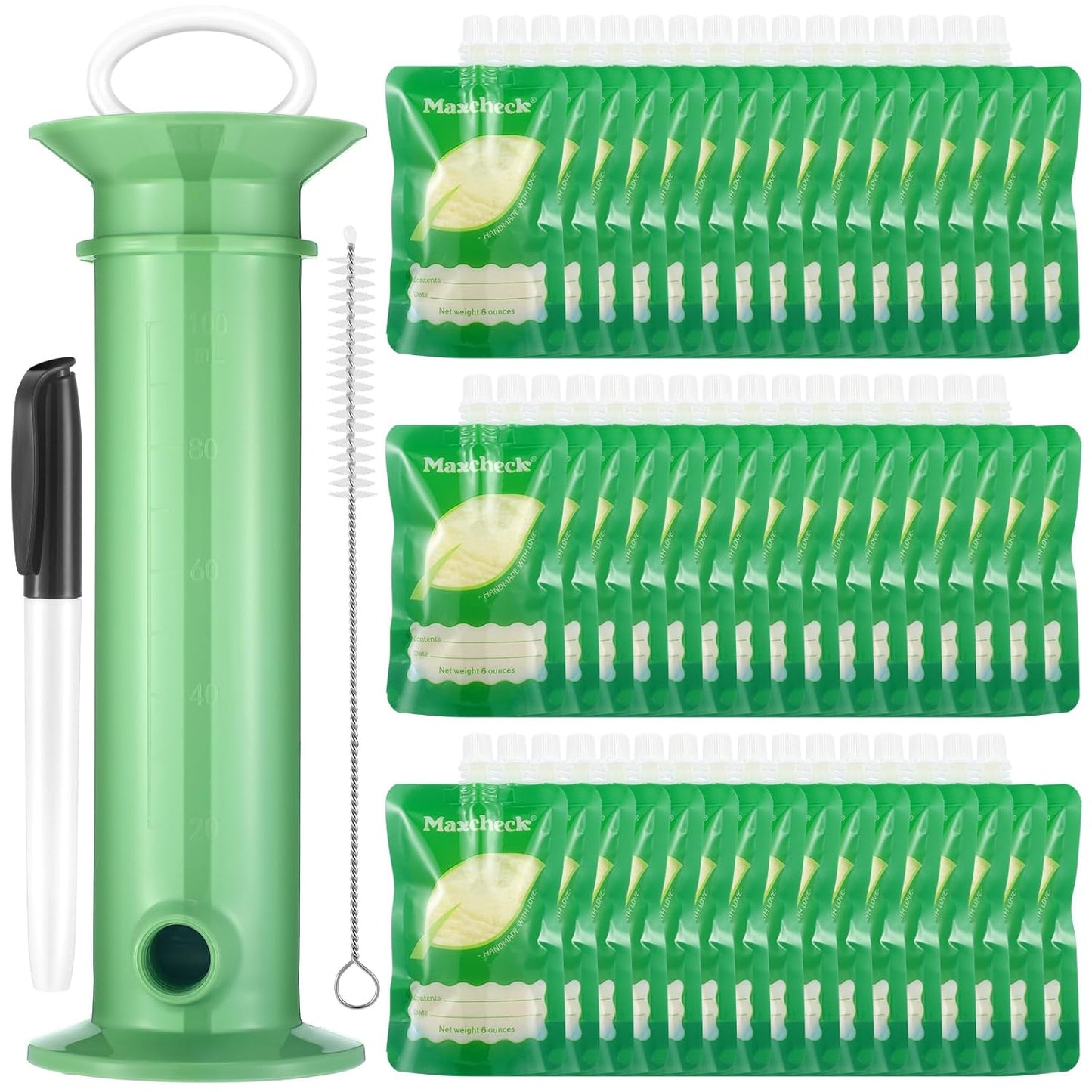 Maxcheck 103 Pcs Refillable Baby Food Pouches Maker Set Include 100 Pcs Portable Fruit Puree Pouch Storage Bags, Baby Food Maker, Pen and Brush for Babies Kids Toddlers