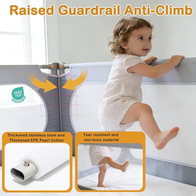 Bed Rail for Toddlers Twin, Full, Queen, King & Cal kingMattress Size | Swing Down Rail Guard | Mattress Side Rail for Kids (Gray and White, (3 Sides for King Size) 79.9x79.9x76 Inch)