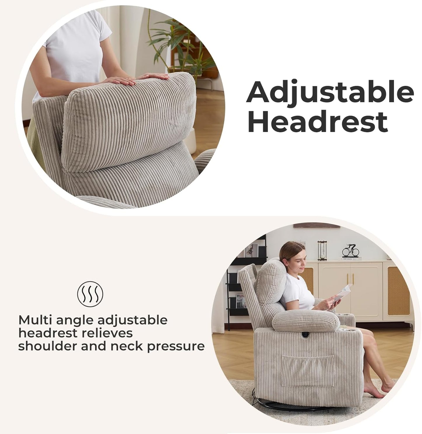 Rocking Chair Nursery with Adjustable Armrests, Electric Glider Recliner Nursing Chair for Breastfeeding, Power Swivel Recliner Chairs with Massage and Heat, Adjustable Headrest , FSC Certified, White