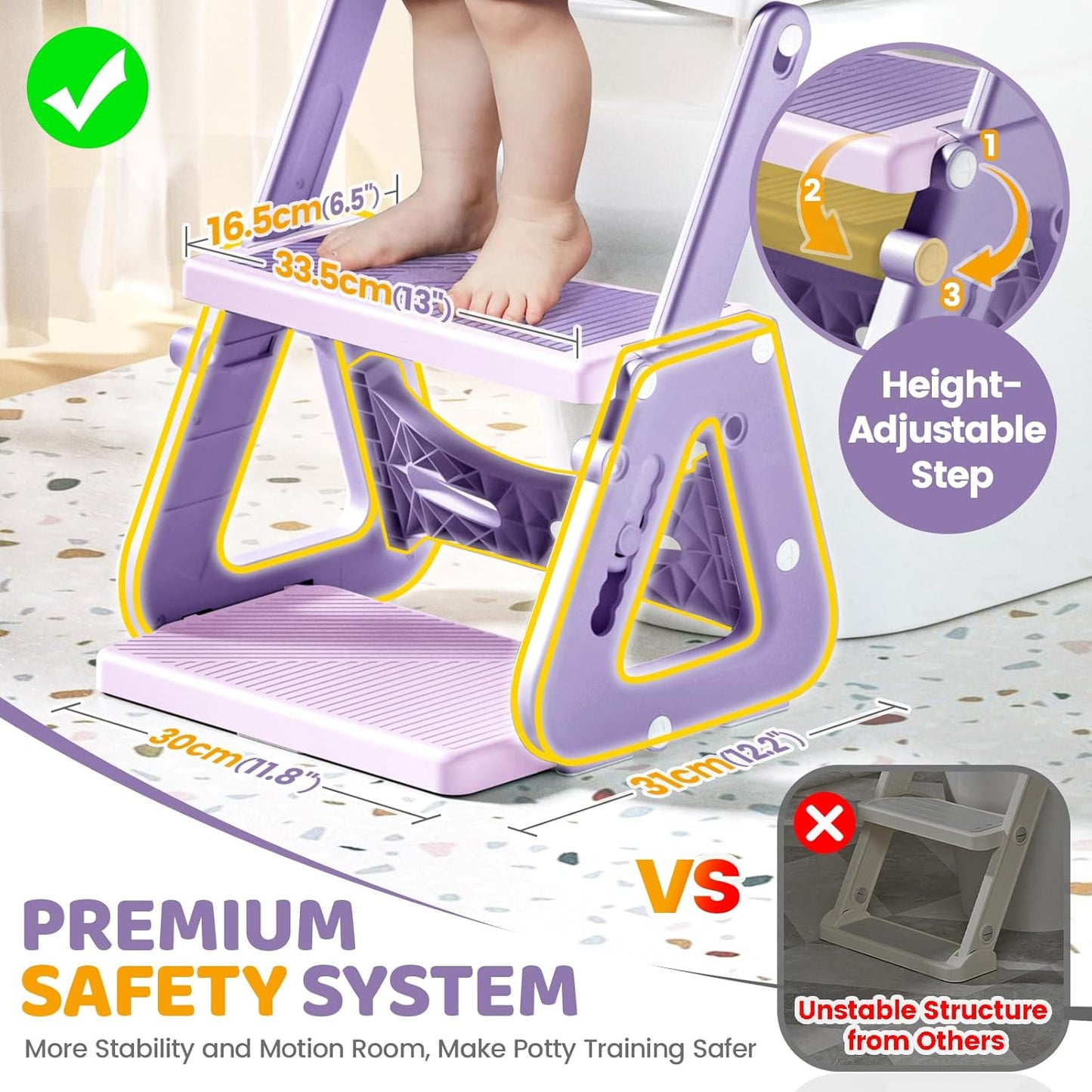 Orzbow Potty Training Seat | Upgrade Toddler Potty Training Toilet with Step Stool, 2-in-1 Stability Toilet Seat for Boys Girls | with Splash Guard, Anti-Slip Pad, Ladder, and Height Adjustable, Pink