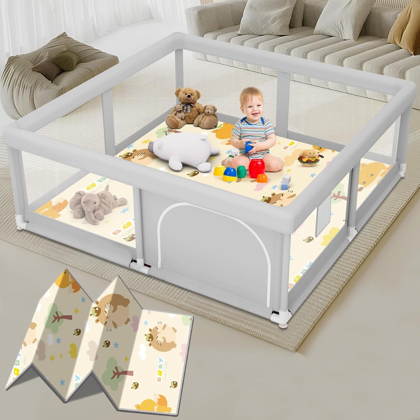 Large Baby Playpen for Babies and Toddlers, Playpen 74×50, Large Baby Play Yards Indoor & Outdoor, Sturdy Safety Baby Play Pen with Soft Breathable Mesh, Toddlers Activity Center with Anti-Slip Base
