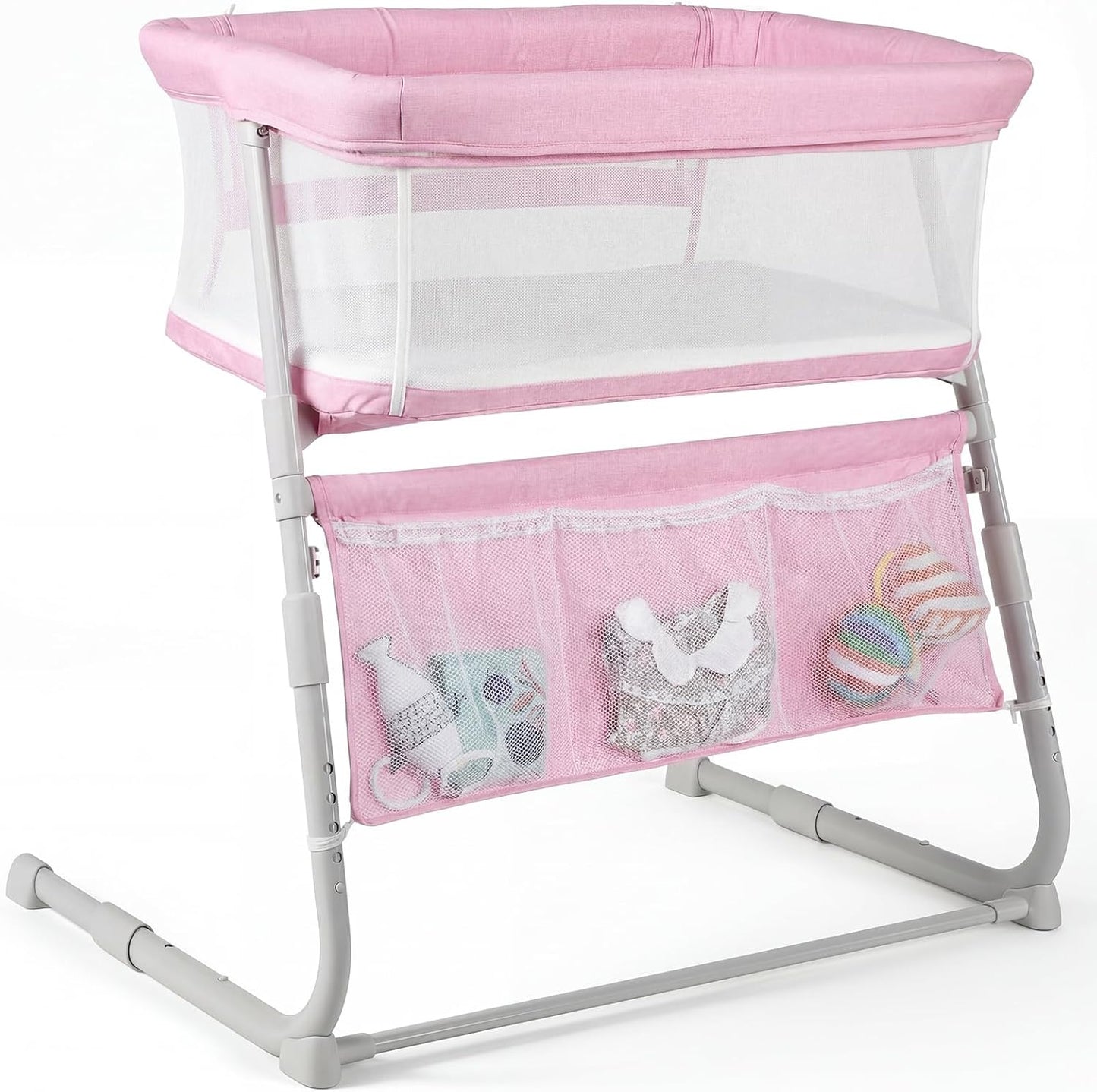 Cowiewie Bassinet Bedside Sleeper,Baby Bassinet Slides Over Bed,5-Position Height Adjustment & Breathable All-Mesh Wall Bedside Bassinet for Baby,Space-Saving Bedside Crib, Height(37.4-41.3") (Beige)
