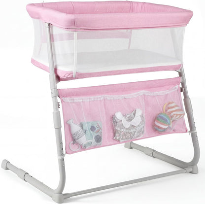 Cowiewie Bassinet Bedside Sleeper,Baby Bassinet Slides Over Bed,5-Position Height Adjustment & Breathable All-Mesh Wall Bedside Bassinet for Baby,Space-Saving Bedside Crib, Height(37.4-41.3") (Beige)