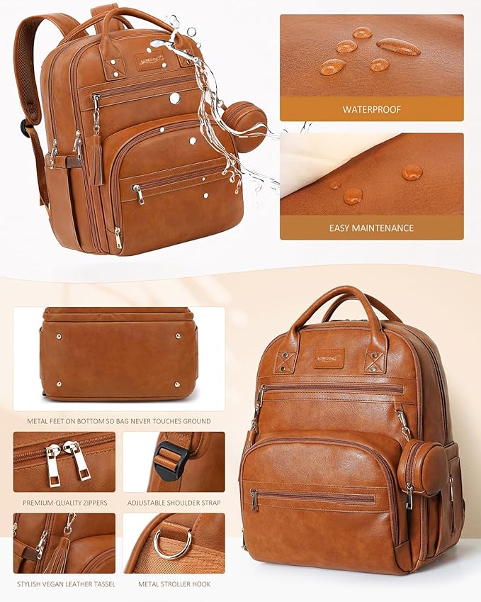 ROSEGIN Premium Vegan Leather Diaper Bag Backpack with Waterproof Changing Pad, Reinforced Zippers & Odor-Free, 20 Pockets Pro Organizer, Fits 15.6" Laptop, Stroller Straps, Baby Bag for Mom, Brown