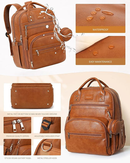 ROSEGIN Premium Vegan Leather Diaper Bag Backpack with Waterproof Changing Pad, Reinforced Zippers & Odor-Free, 20 Pockets Pro Organizer, Fits 15.6" Laptop, Stroller Straps, Baby Bag for Mom, Brown