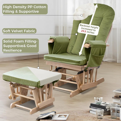 5PCS Suede Glider Rocker Replacement Cushions with 29.5" High Backrest & Side Pockets, Thickened Soft Glider Rocking Chair Cushions with Ottoman Cushion for Indoor Nursery Rocking Chair, Green