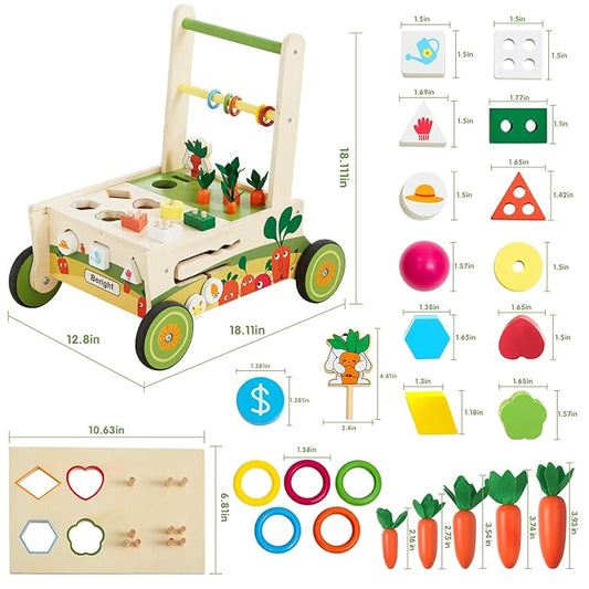 Beright 12-in-1 Wooden Baby Walker, Toddler Activity Center Toys, Wooden Baby Push and Pull Toys, Baby Push Walker, Multiple Play, Develops Motor Skills & Stimulates Creativity, Upgraded