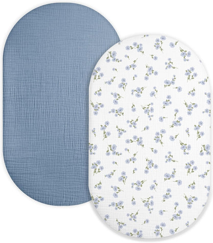 Muslin Bedside Bassinet Sheets 2 Pack, 33x20 Fitted Ultra Soft & Breathable Bedside Sleeper Sheets, Ideal for Baby Girl and Boy, Perfect for Newborns (Hopping Bunnies & Beige)