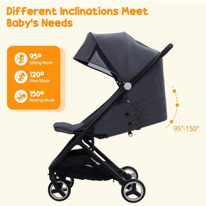 Lightweight Baby Stroller, Compact One-Hand Fold Travel Stroller Airplane Friendly, Reclining Infant Stroller with 5-Point Harness & Adjustable Canopy, All-Terrain Stroller for Toddlers 6-36 Months
