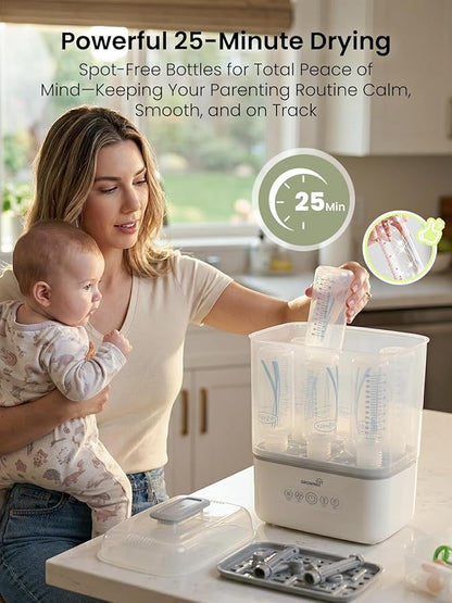 Grownsy 3 Layers Large Bottle Sterilizer and Dryer, Holds 6 to10 Bottles, Nesting Design Bottle Sanitizer Esterilizador de Biberones for Breast Pump Sterilizer Bags Bottle Brush Included