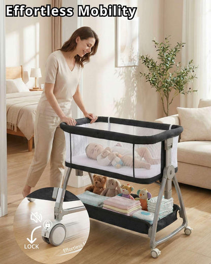 Bedside Bassinet for Baby, Sturdy 3 in 1 Bedside Sleeper with Mattress & Wheels, Height Adjustable, Breathable Mesh, Storage Basket, Easy to Assemble for Newborn, Grey