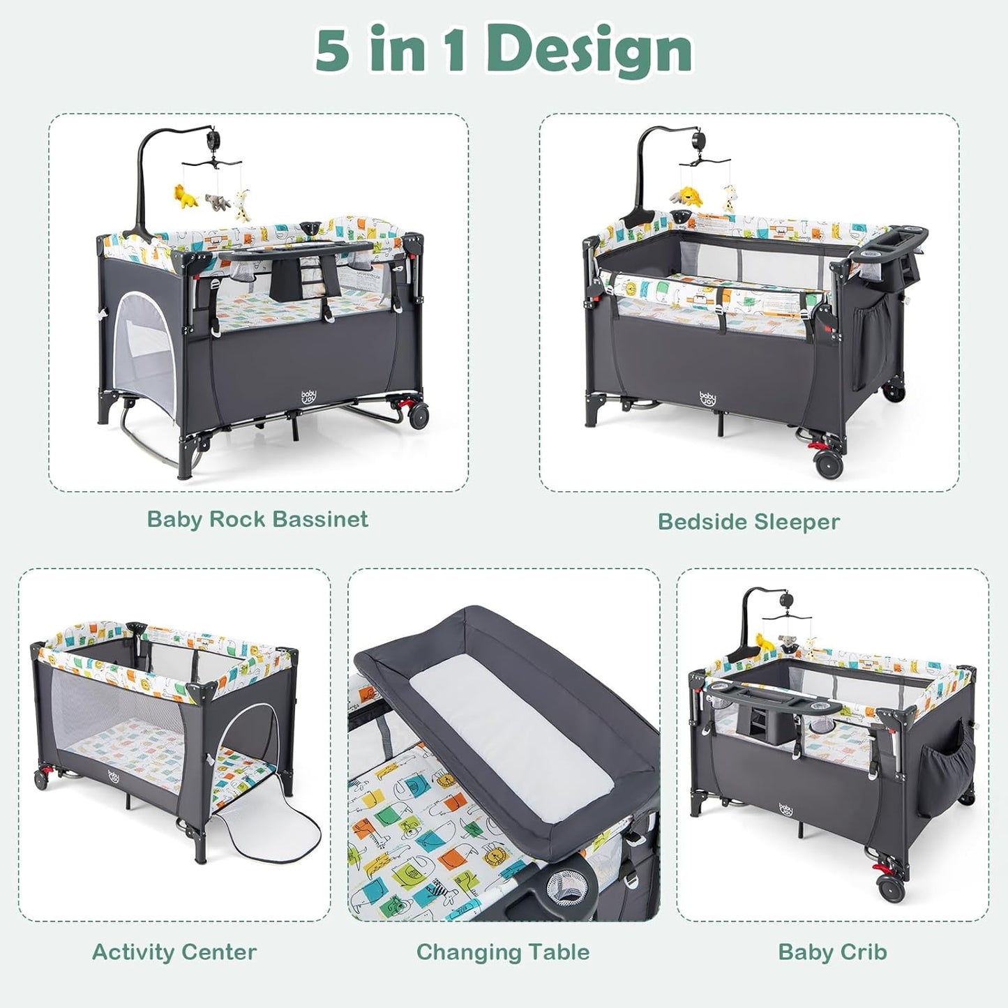 BABY JOY 5-in-1 Pack and Play, Baby Bedside Sleeper with Bassinet, Portable Baby Playard with U-Shaped Diaper Changer, Safety Strap, Multifunction Baby Bassinet Bedside Crib from Newborn to Toddlers