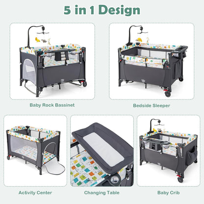 BABY JOY 5-in-1 Pack and Play, Baby Bedside Sleeper with Bassinet, Portable Baby Playard with U-Shaped Diaper Changer, Safety Strap, Multifunction Baby Bassinet Bedside Crib from Newborn to Toddlers