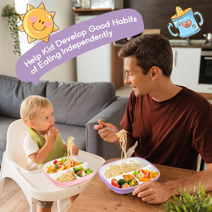 Domensi Kids Porcelain Plates with Silicone Sleeves 8.2 Inch Divided Porcelain Plate Toddler White Suction Dishes for Baby Troubleless Eating Microwave Dishwasher Safe(Stylish,3 Set)