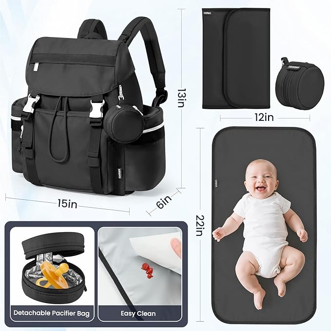 Diaper Bag Backpack with Changing Pad, Pacifier Case & Stroller Straps, Insulated Pockets Water Resistant Travel Essentials Baby Bag Multipurpose Travel Back, Big Storage in a Small Footprint
