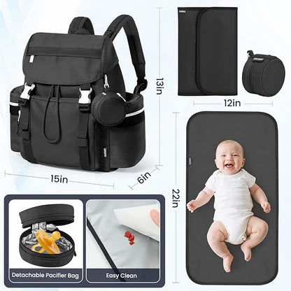 Diaper Bag Backpack with Changing Pad, Pacifier Case & Stroller Straps, Insulated Pockets Water Resistant Travel Essentials Baby Bag Multipurpose Travel Back, Big Storage in a Small Footprint