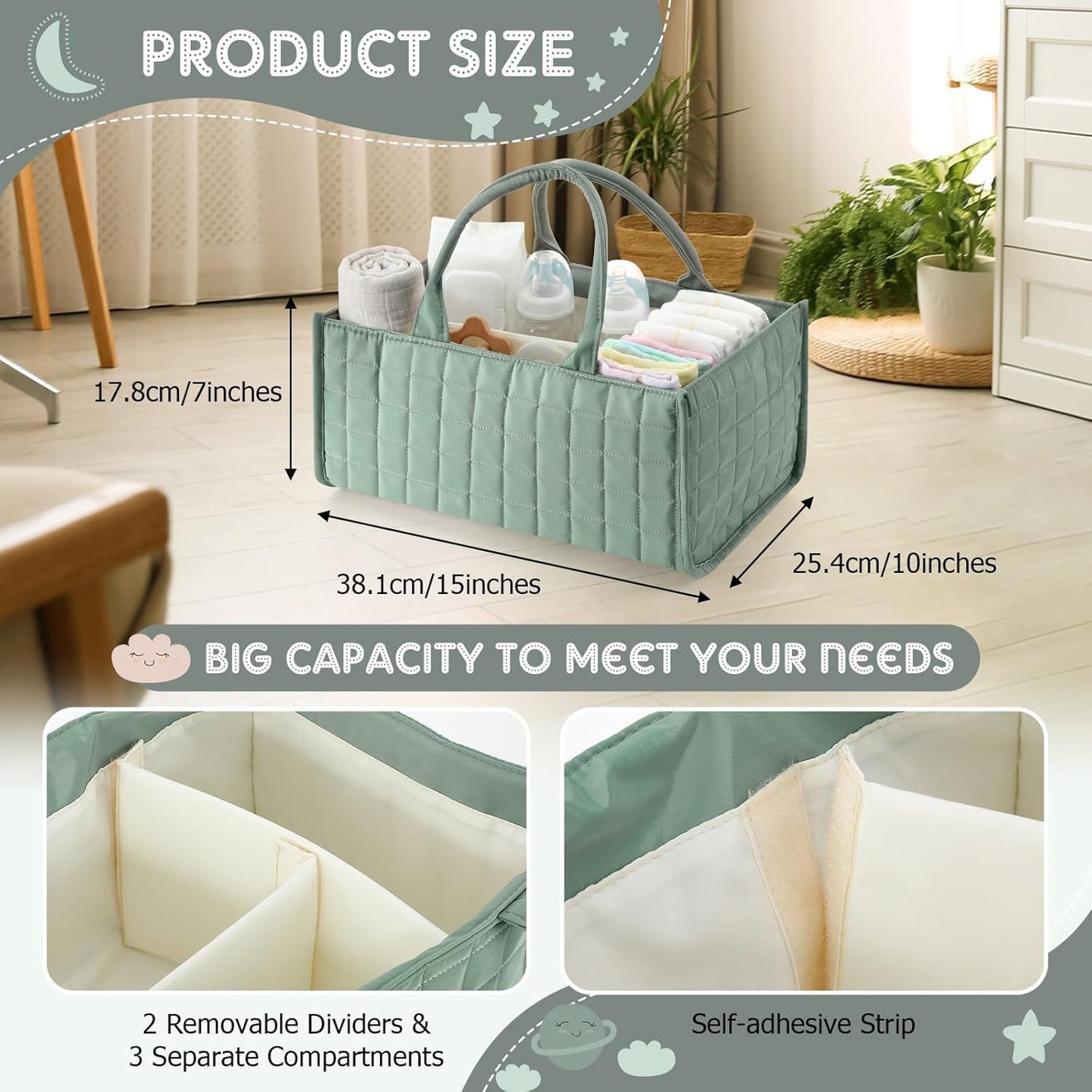 Huhumy Checkered Baby Diaper Caddy, Puffy Nursery Storage Organizer for Diapers & Babies Wipes, Large Quilted Tote Bag for Newborn Essentials Boy or Girl, Gift for Baby Shower Registry (Sage Green)