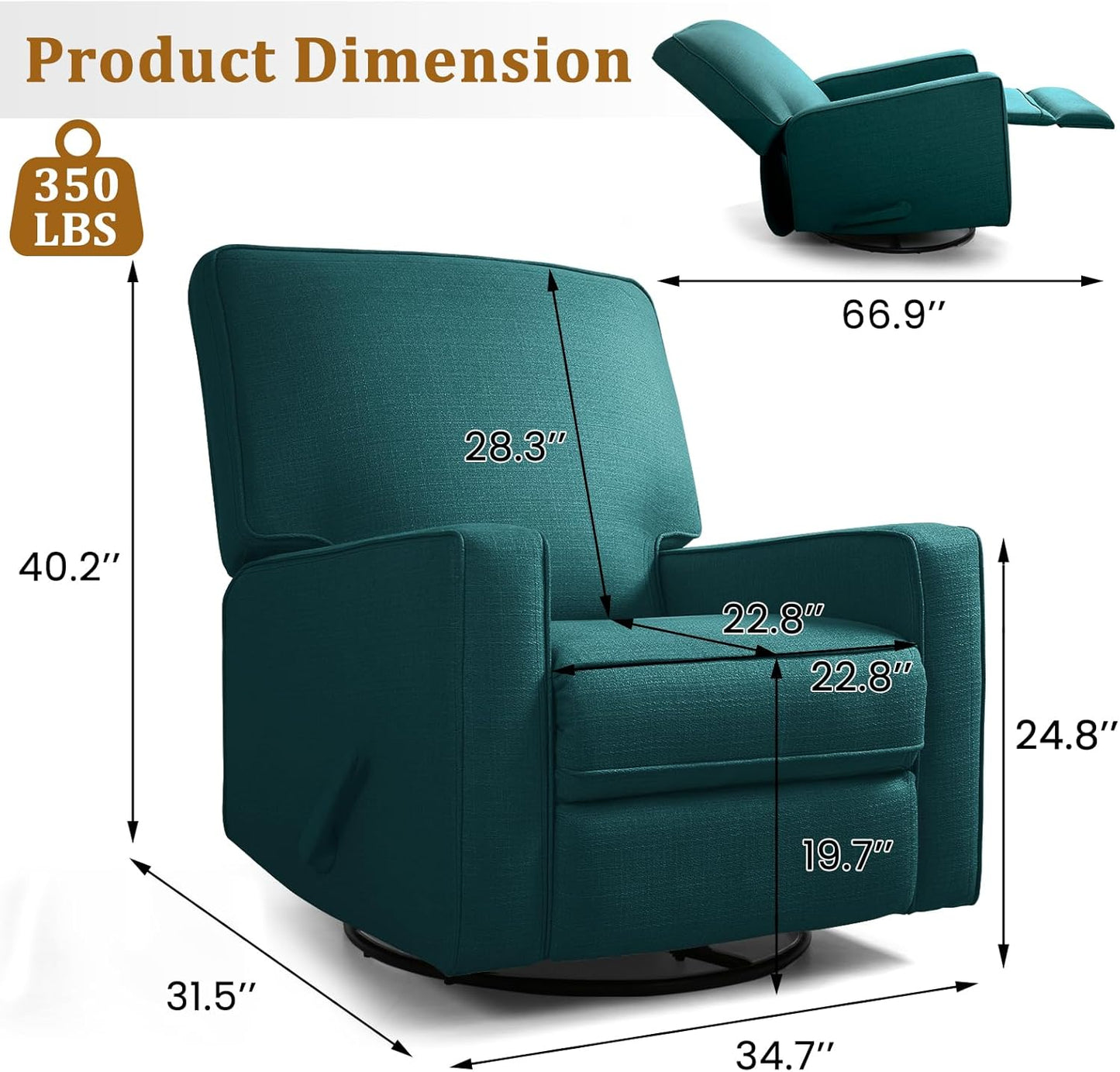 Swivel Rocker Recliner Chair for Adults, High Back Fabric Recliner with Deep Seat, Manual Glider for Living Room & Nursery, Grey