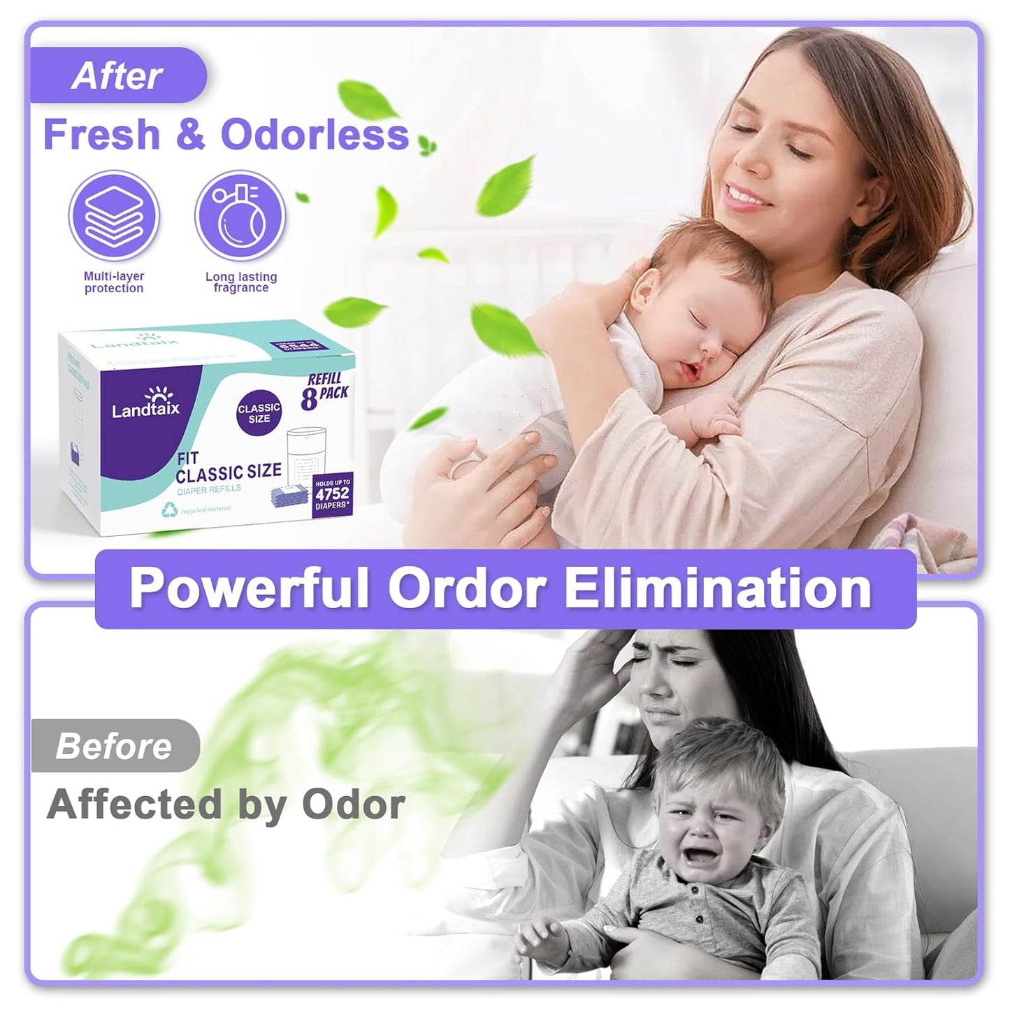 Refills Only Compatible with Dekor Classic Diaper Pail Refills|4 Pack for 2772 Diapers(Extra 40% Lengths)Diaper Pail Bags with Extra 30% Thickness Powerful Odor Eliminate Lavender Scent for Baby/Adult