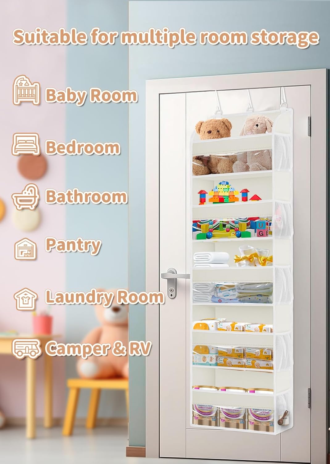 TAHAVICE 1 Pack Over The Door Organizer Storage, Hanging Organizer Closet with 5 Large Pockets 10 Mesh Pockets, 44 lbs Weight Capacity, Behind Door Storage for Nursery Bedroom Bathroom (Dark Grey)