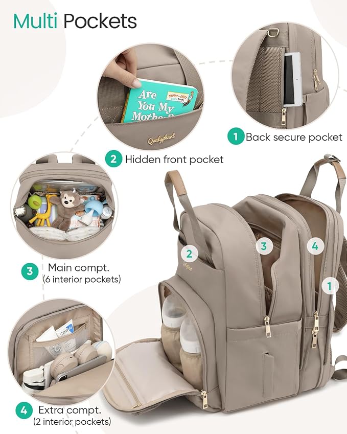 Qualyphant Extra Large Diaper Bag Backpack for Two Kids Twins - Expandable (26-36L) Baby Bag for Mom Girls Boys, Dual Big Compartments - Includes Changing Pad & Stroller Straps, Khaki, Quilted