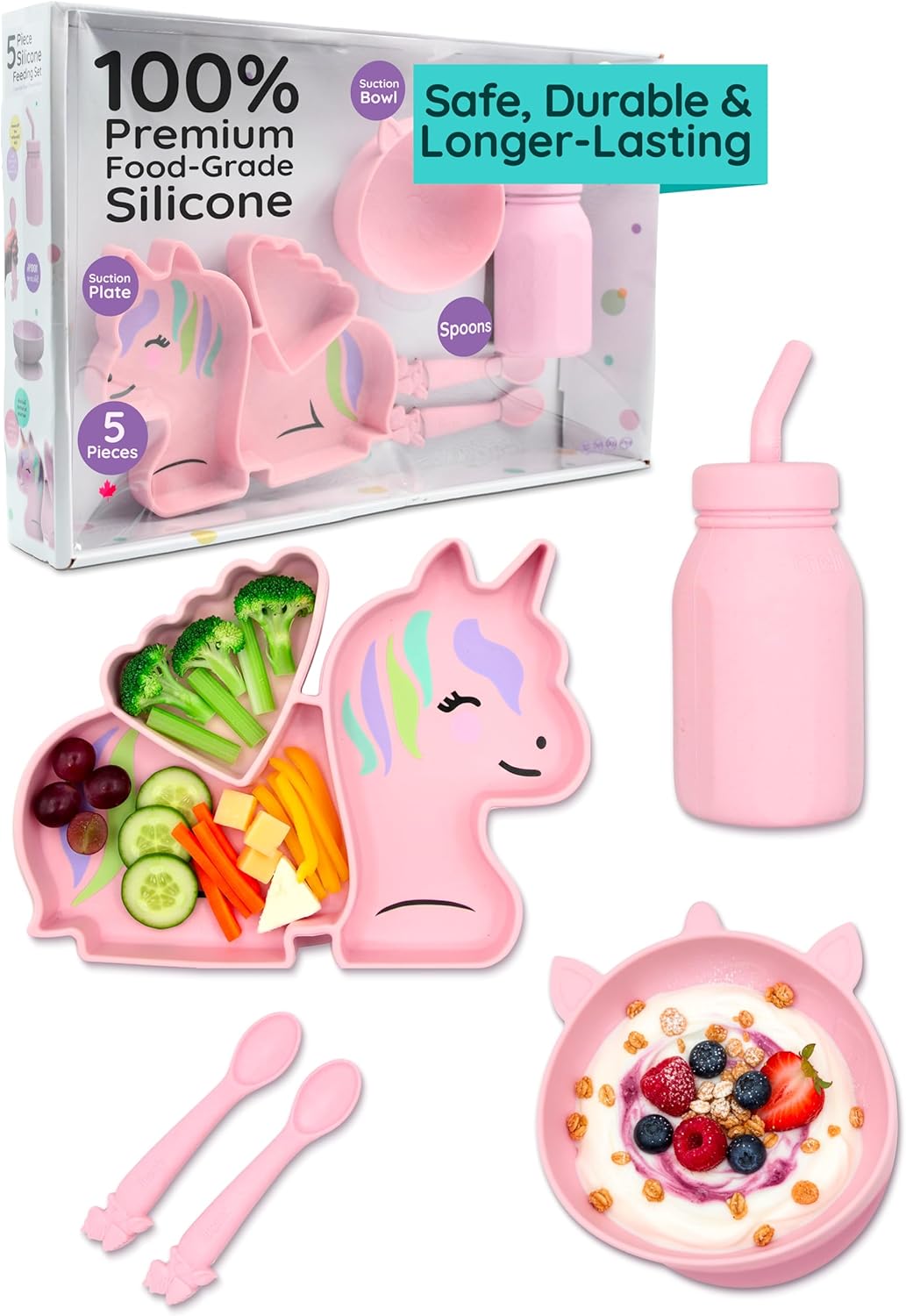 Melii 5-Piece Silicone Baby Feeding Set – Divided Suction Plate, Suction Bowl, Straw Cup & Spoons – Food-Grade Silicone, BPA-Free, Dishwasher & Microwave Safe, BLW Toddler Feeding Set, Dinosaur Design