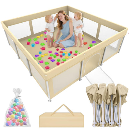 Foldable Large Baby Playpen 71"×71", Portable Playard for Babies & Toddlers, Lightweight Safety Baby Fence, No Installation, Indoor & Outdoor Playpen with 150 Ocean Balls, Beige