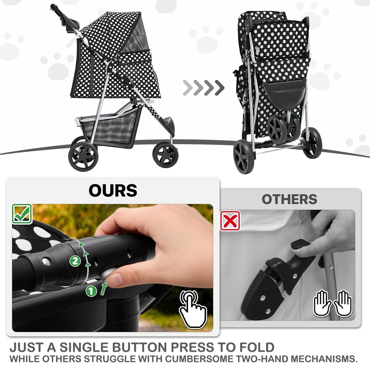 MoNiBloom Foldable Pet Stroller with Weather Cover, 3 Wheels Pet Strolling Cart for Small/Medium Dogs and Cats with Storage Basket and Cup Holder, Breathable and Visible Mesh for All-Season, Black