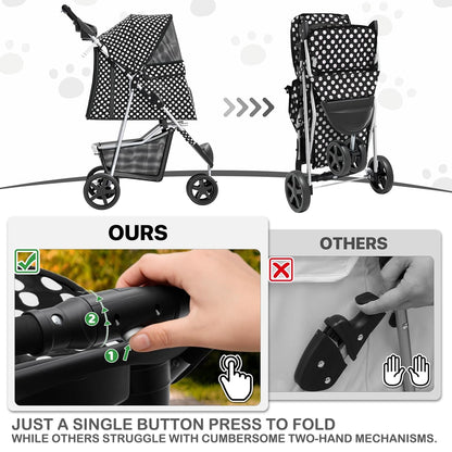MoNiBloom Foldable Pet Stroller with Weather Cover, 3 Wheels Pet Strolling Cart for Small/Medium Dogs and Cats with Storage Basket and Cup Holder, Breathable and Visible Mesh for All-Season, Black