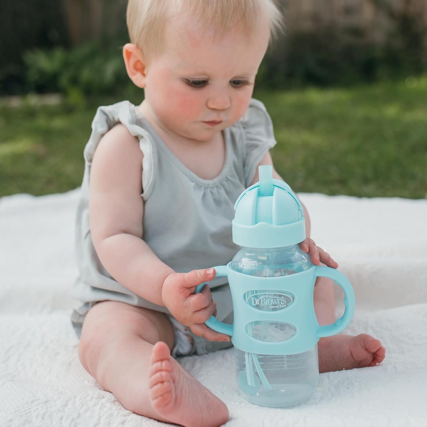 Dr. Brown's Milestones Wide-Neck Sippy Straw Bottle, Spill-Proof with 100% Silicone Handles and Weighted Straw, 9 oz/270 mL, Gray & Pink, 6m+, 2-Pack