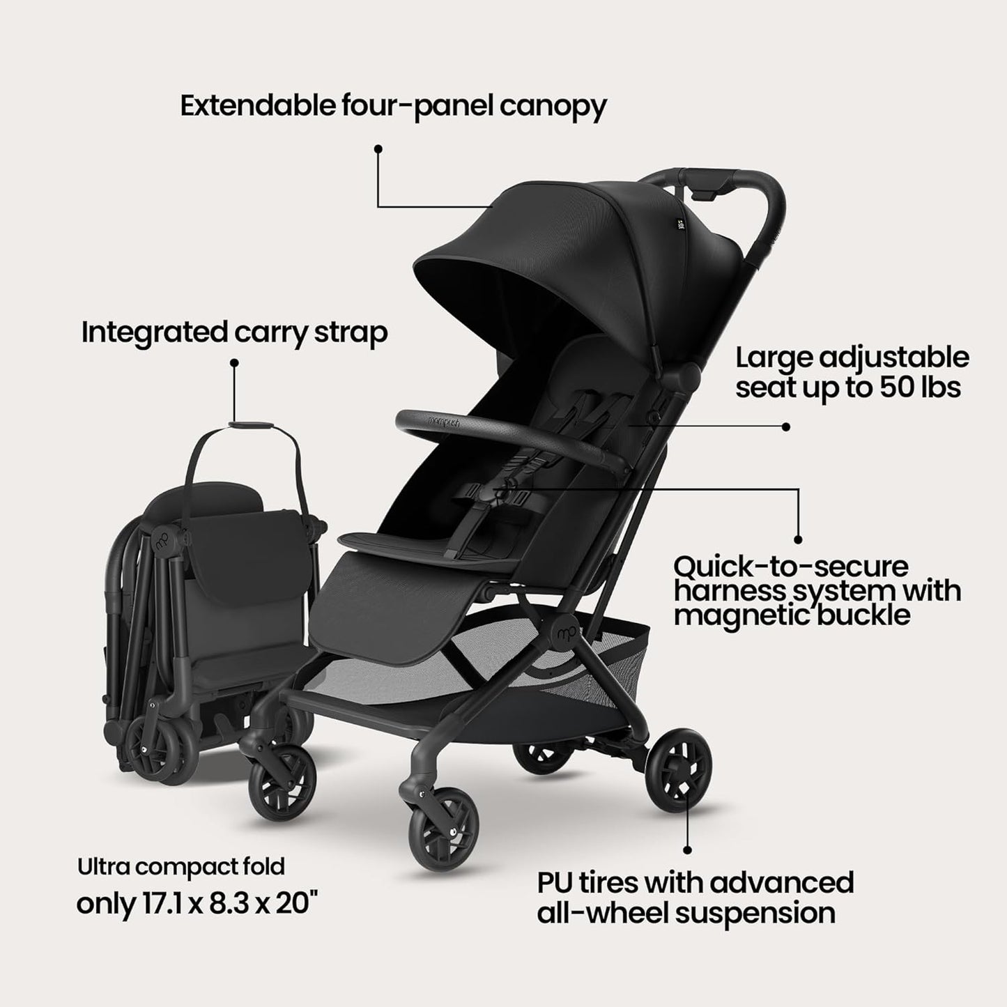 Mompush Velo Lightweight Travel Stroller, Compact & Airplane-Friendly for Baby and Toddler, Lie-Flat Seat, One-Hand Fold, with Leather Bumper Bar, Shoulder Strap, Raincover, Storage Bag & Cup Holder