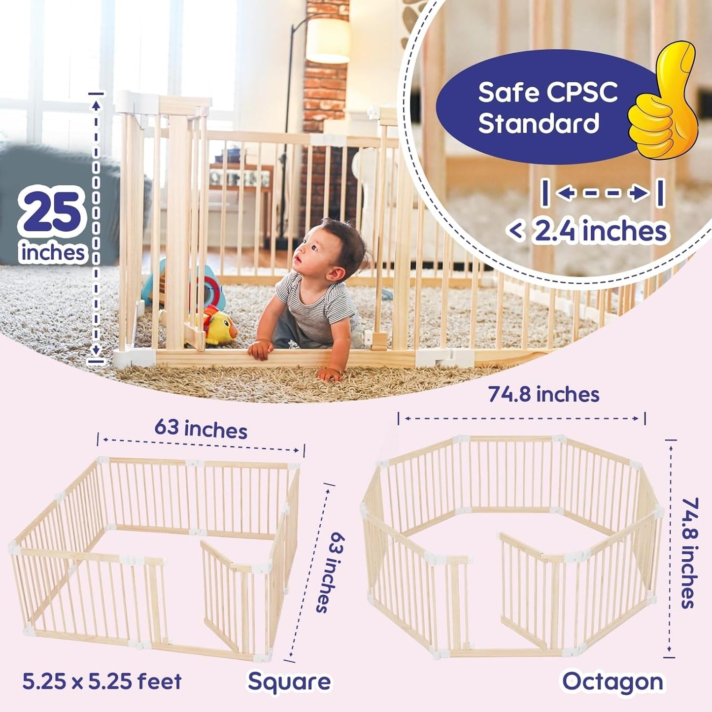 Foldable Wooden Baby Playpen Large Play Yard for Babies, 2-in-1 New Mom Helper Portable Fence, 25" Tall Custom Wood Gate with Adjustable Size & Shape for Infants 3-18 Months -63x63x25 inch