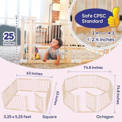 Foldable Wooden Baby Playpen Large Play Yard for Babies, 2-in-1 New Mom Helper Portable Fence, 25" Tall Custom Wood Gate with Adjustable Size & Shape for Infants 3-18 Months -63x63x25 inch