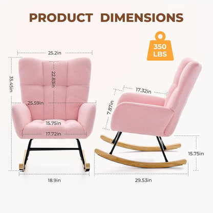 DUMOS Nursery Rocking Chair Teddy Upholstered, Comfy Glider Rocker with High Backrest Armchair Padded Seat, Accent Side Chair for Living Room Bedroom Offices Small Spaces Indoor, Beige