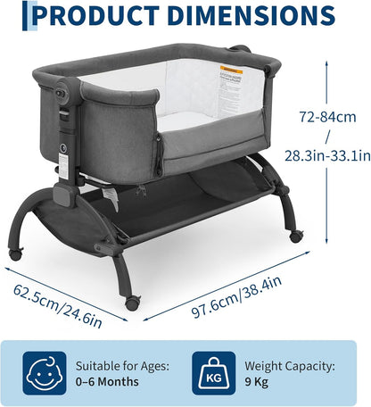 GarveeTech Bedside Bassinet Baby Bassinet for Baby, 3 in 1 Bedside Sleeper with Baby Co-Sleeper Travel Crib with Detachable Mosquito Net & Storage Basket | Adjustable Height, Wheels Included (Khaki)
