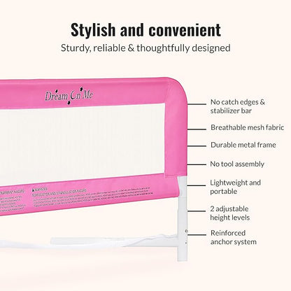 Dream On Me Mesh Security Bed Rail – Toddler Safety Guard with breathable mesh, reinforced anchor system, lightweight, portable, fits adult twin-size beds, Pink