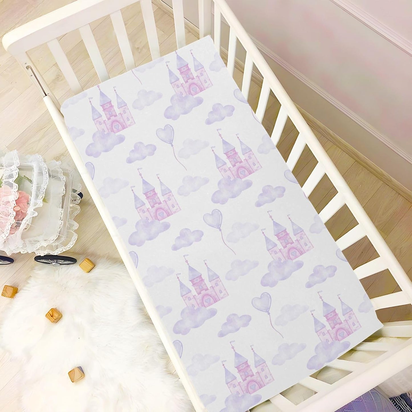 Fitted Crib Sheets White Bears with Clouds Stretchy Portable Playard Sheets for Baby Toddler, Breathable Soft Mini Crib Mattress 39 x 27 in for Boys and Girls