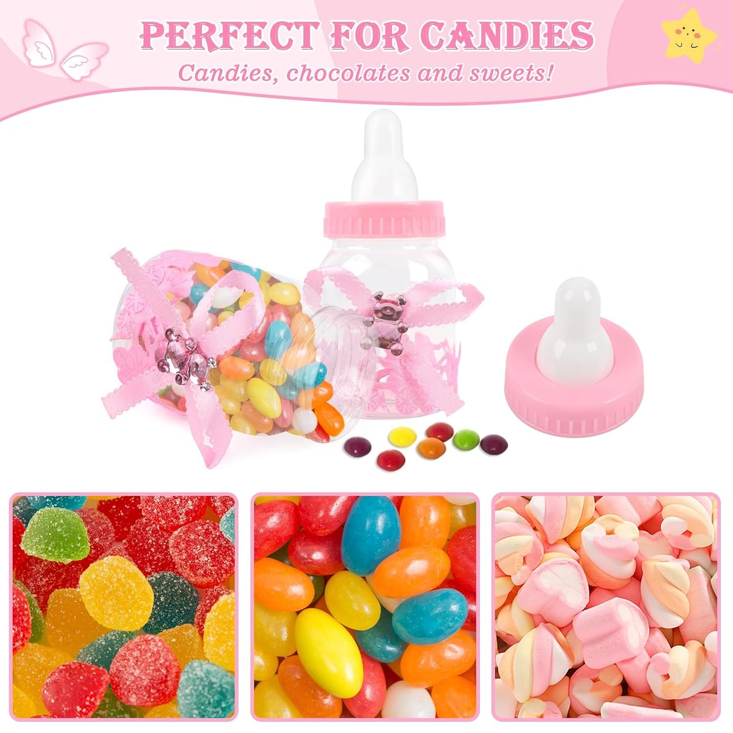 MACTING 2 Dozens 3.5 Inch Feeding Bottle Candy Box with 5 Pcs Artificial Flower Rose for Baby Shower Favor Gift Decoration (Pink)