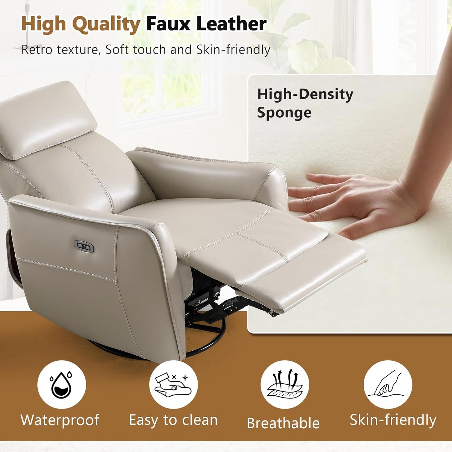 HAOMARKETS Electric Swivel Rocker Recliner Chair, Power Faux Leather Glider Rocking Recliners for Adults,360° Swivel Nursery Reclining Sofa with USB Charging Port, White