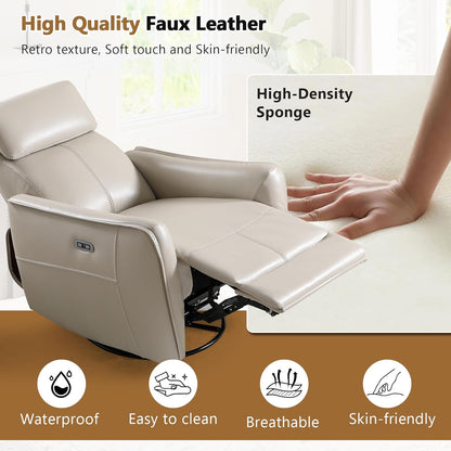 HAOMARKETS Electric Swivel Rocker Recliner Chair, Power Faux Leather Glider Rocking Recliners for Adults,360° Swivel Nursery Reclining Sofa with USB Charging Port, White