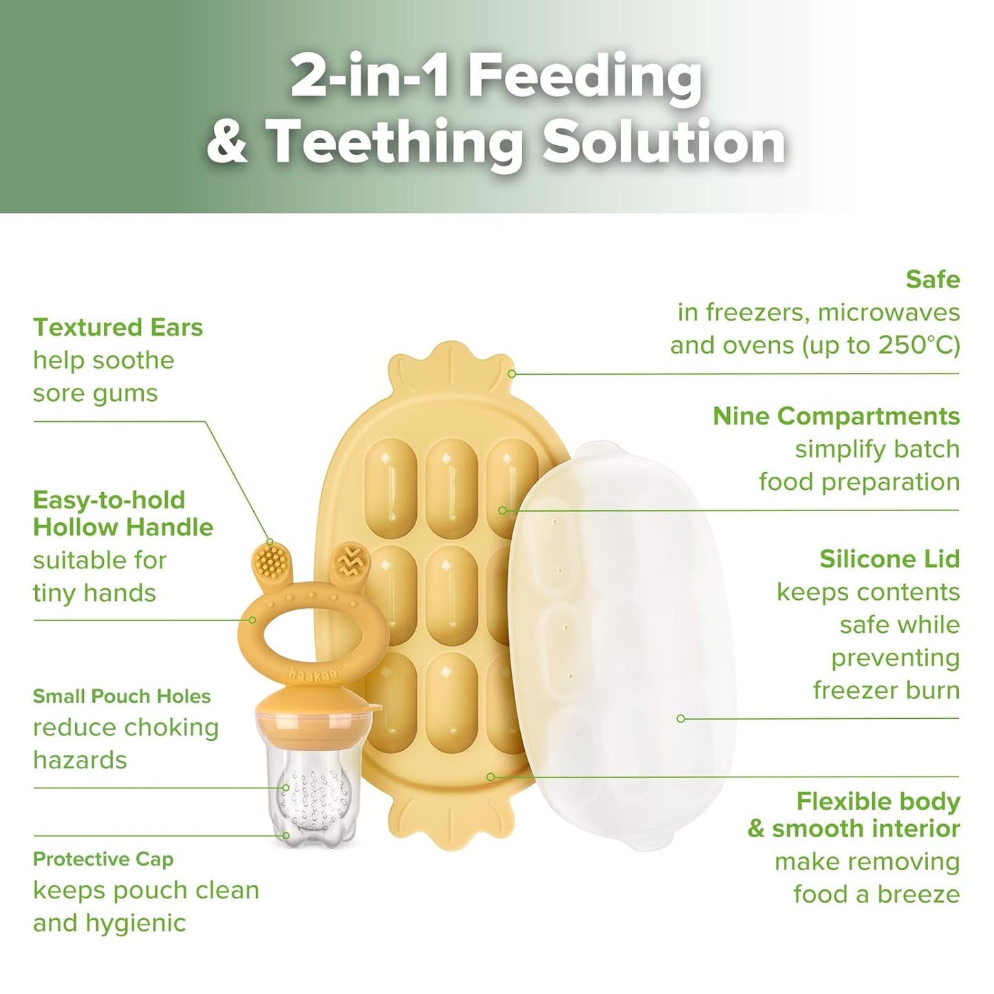 Haakaa Baby Fruit Food Feeder & Silicone Freezer Nibble Tray Combo - Breastmilk Popsicle Mold for Baby Cooling Relief, BPA Free Baby Mesh Food Feeder for Infant Self Feeding