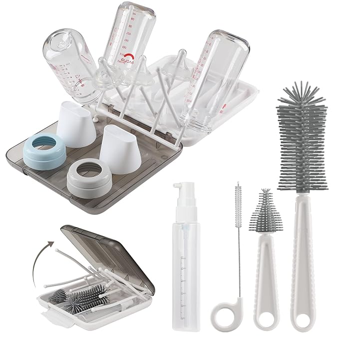 Baby Bottle Brush,6 in 1 Bottle Cleaner Set with Extendable Silicone Bottle Brush,Drying Rack,Nipple & Straw Brushes,Soap Dispenser & Organizer Case,Ideal Gifts for Babies& Moms