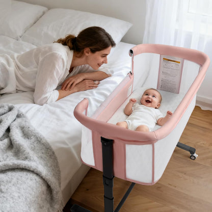 Kinder King Baby Bassinet Bedside Sleeper, Newborn Baby Bedside Crib w/Wheels, All-Sided Mesh, Adjustable Height, Removable Soft Mattress, No Tool to Assemble, Grey